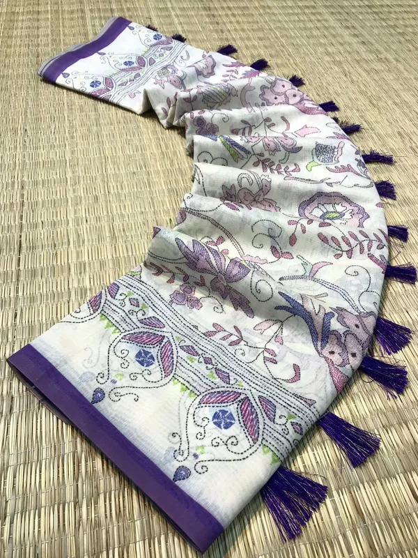 white_&_Purple_Pure_Malai_Cotton_Sarees_With_Katha_Print_Work_With_Blouse_Piece_Attached